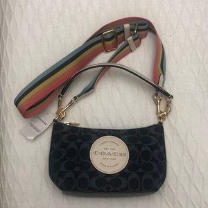 Coach Navy Signature Mini Shoulder Bag with Multicolor Stripe Strap